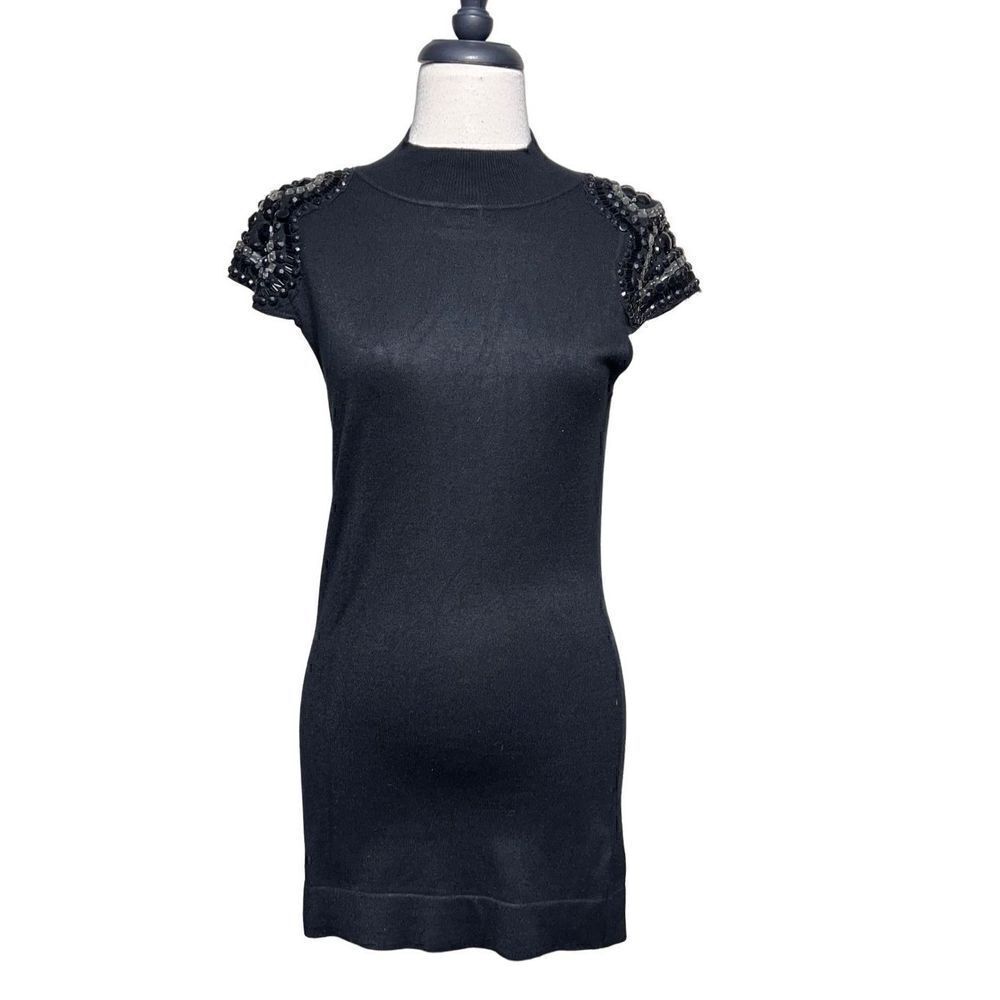 Cache Short Sleeve Mock Turtleneck Embellished Tunic Sweater Medium
